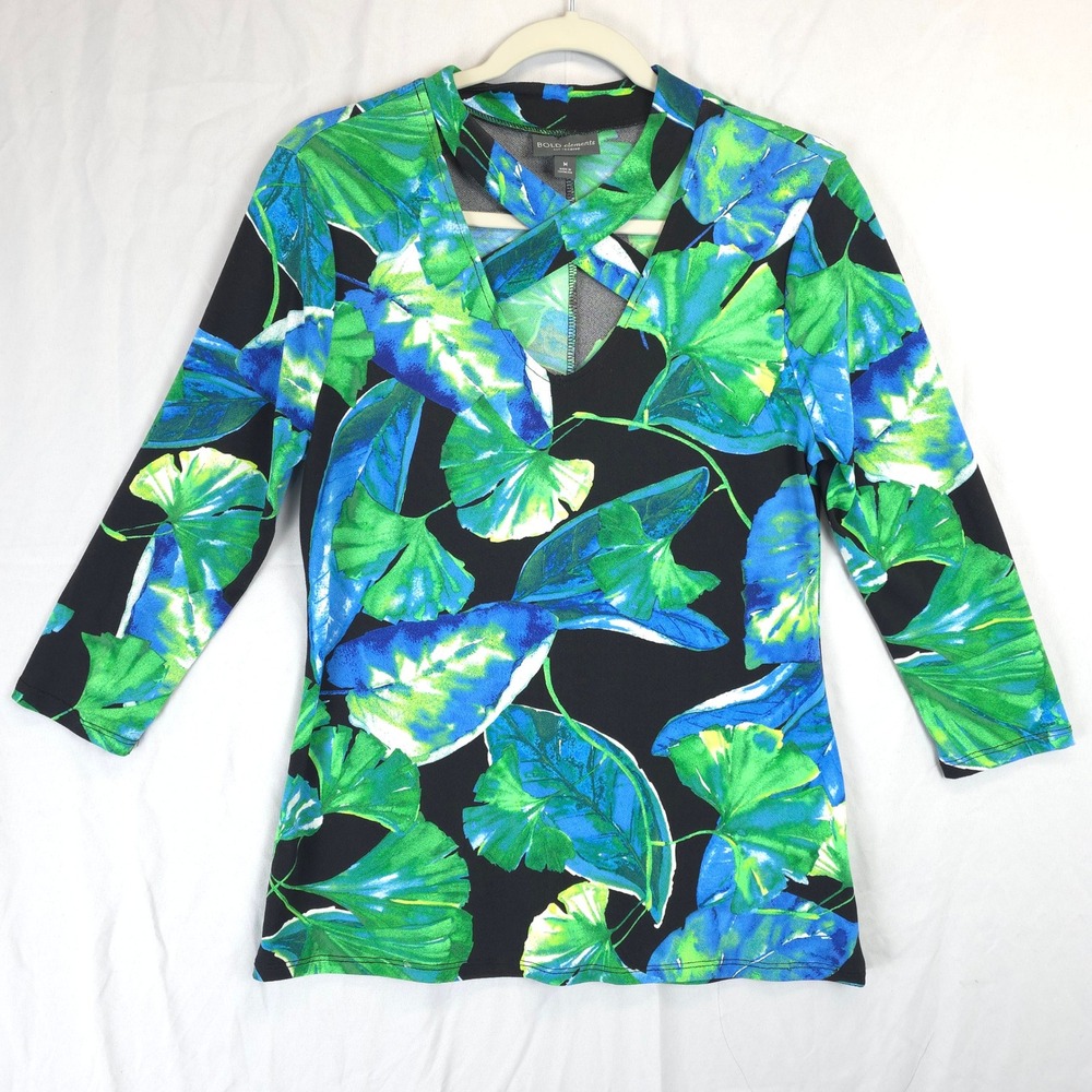 Bold‎ Elements Leaf Print Top Women M Black Green Blue Stretch Crisscross V-neck